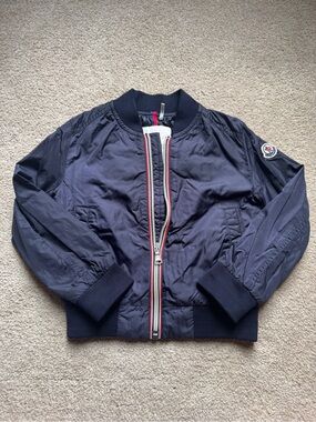 Moncler Navy Bomber Jacket with Tricolor Zip Trim